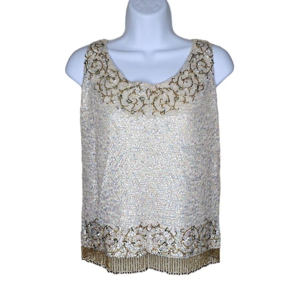 Vintage 60s Sequin Beaded Fringe Top Womens S White Gold Mod Eras